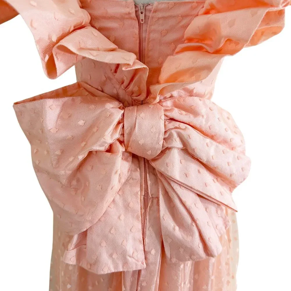 Vintage 80s Peach Tulle Swiss Dot Prom Dress Sz XS/S Short Sleeve Ruffle Accent